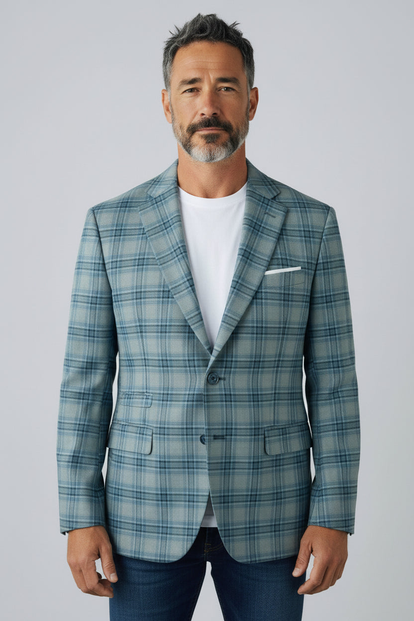 Men’s Sage Plaid Check Blazer – Modern Tailored Smart Casual