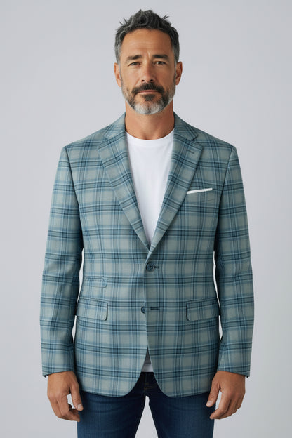 Men’s Sage Plaid Check Blazer – Modern Tailored Smart Casual