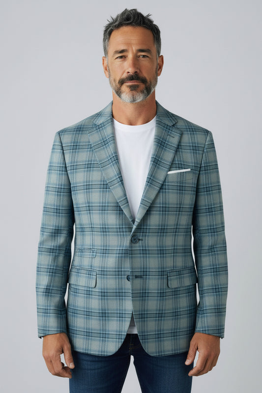 Men’s Sage Plaid Check Blazer – Modern Tailored Smart Casual