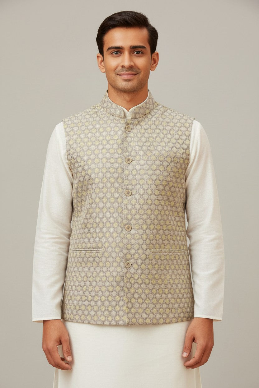 Men’s Beige Textured Jacquard Nehru Jacket – Elegant Festive & Wedding Wear