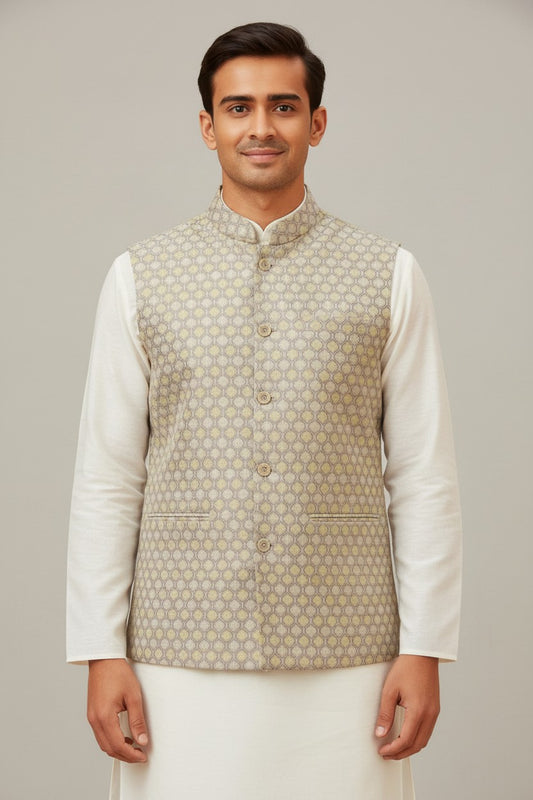 Men’s Beige Textured Jacquard Nehru Jacket – Elegant Festive & Wedding Wear