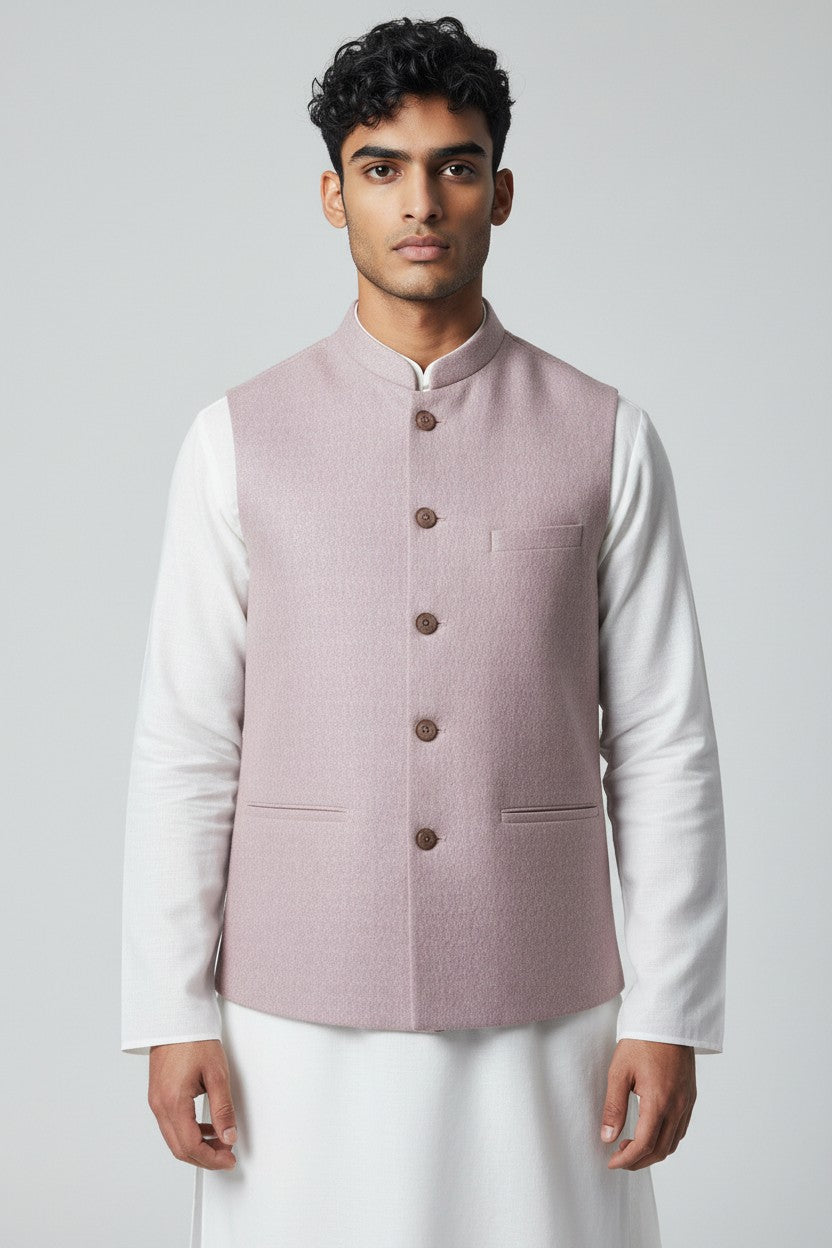 Men’s Pastel Mauve Textured Nehru Jacket – Minimal & Elegant Festive Wear