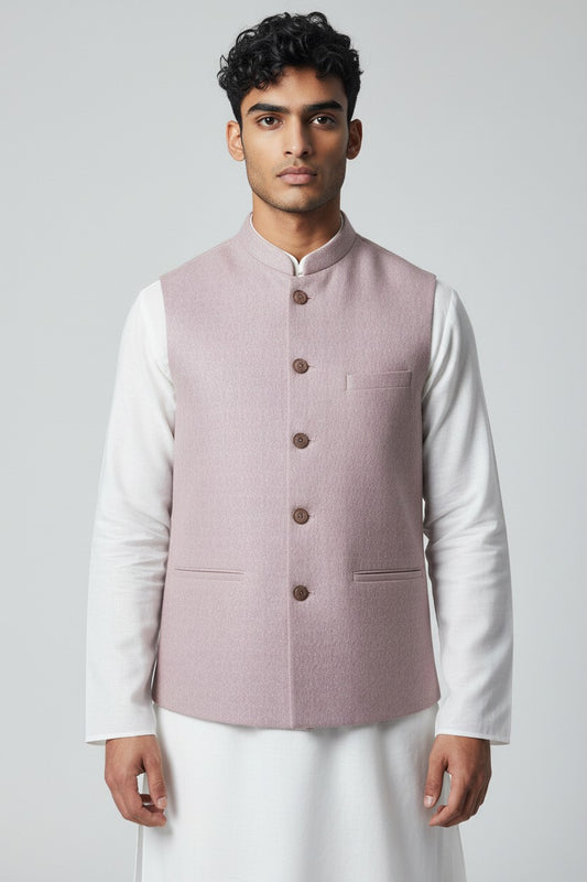 Men’s Pastel Mauve Textured Nehru Jacket – Minimal & Elegant Festive Wear