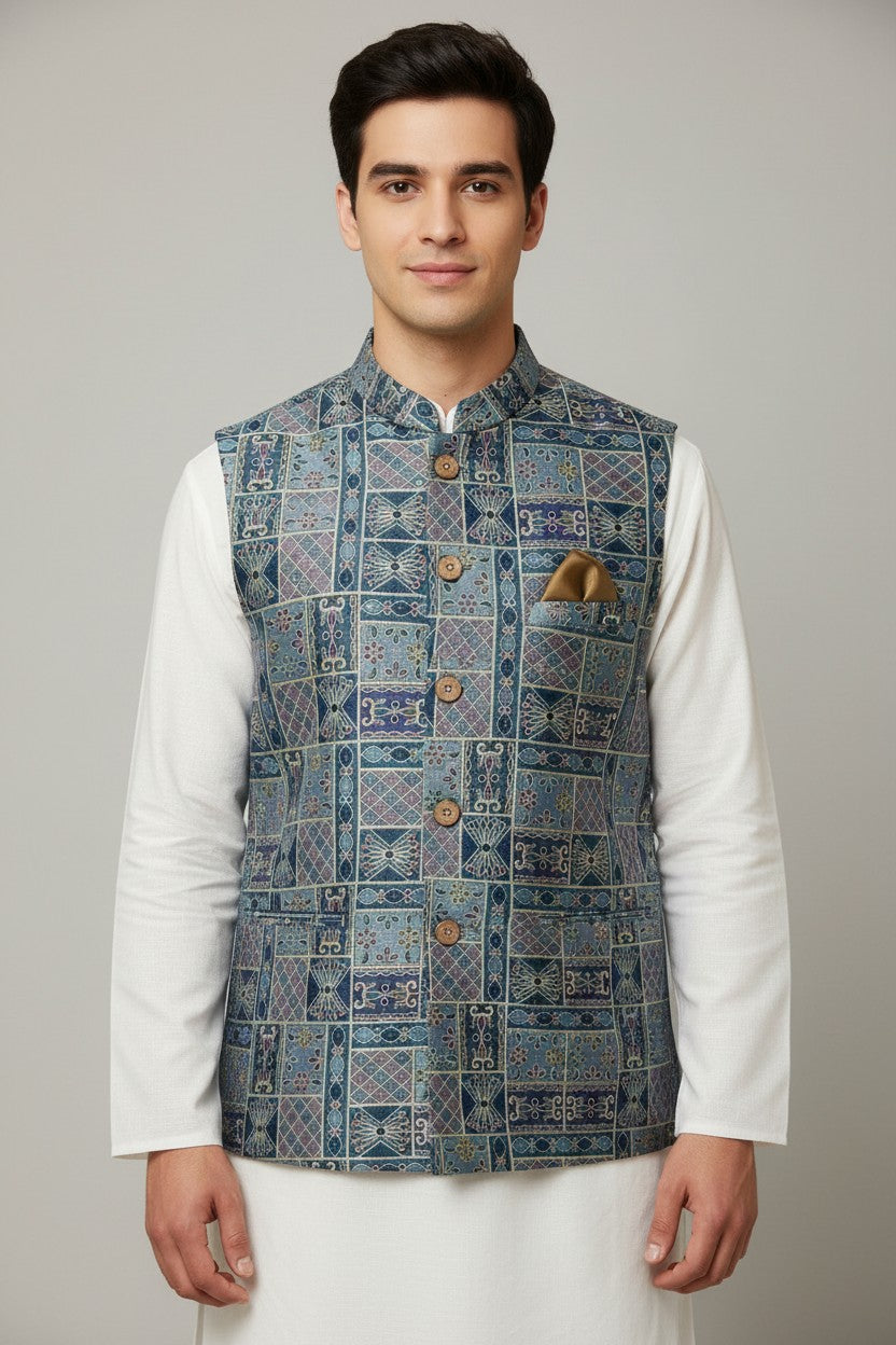 Men’s Blue & Purple Mosaic Nehru Jacket – Artisanal Festive Waistcoat