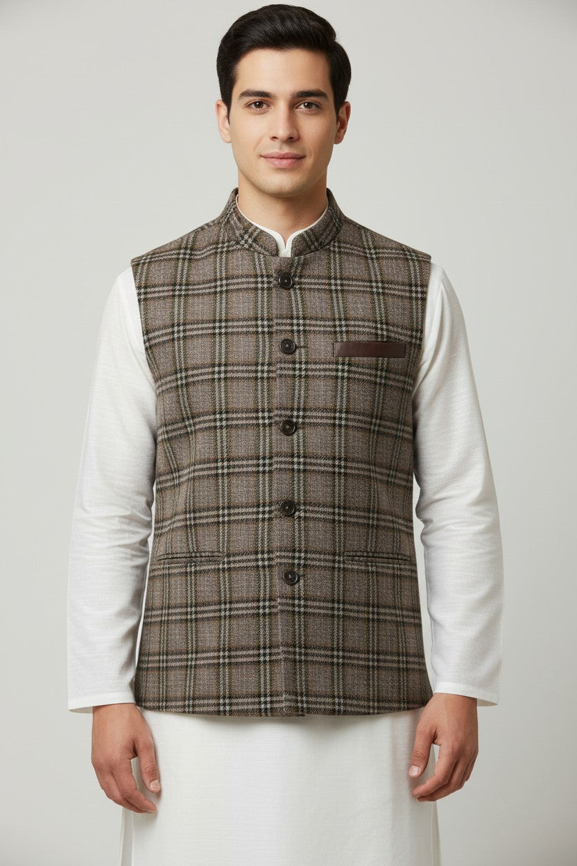 Men’s Brown Checkered Tweed Nehru Jacket – Vintage Plaid Winter Layer