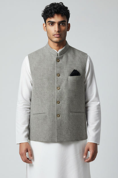 Men’s Light Grey Textured Nehru Jacket – Minimal Classic Ethnic Layer
