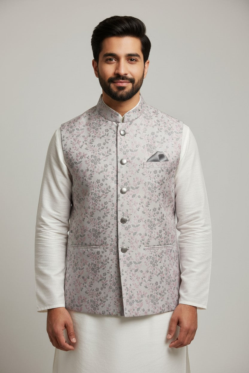 Men’s Pastel Floral Printed Nehru Jacket – Soft Pink & Grey Festive Wear