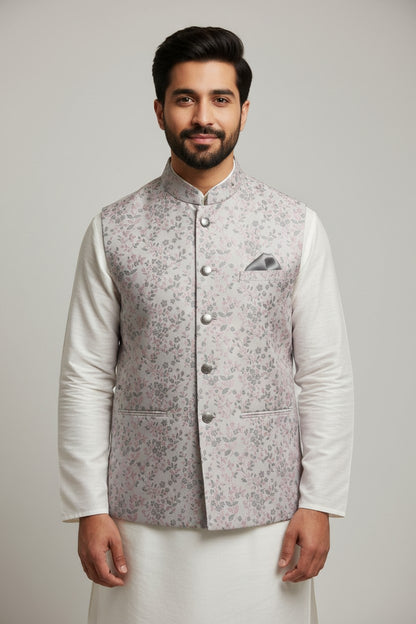 Men’s Pastel Floral Printed Nehru Jacket – Soft Pink & Grey Festive Wear