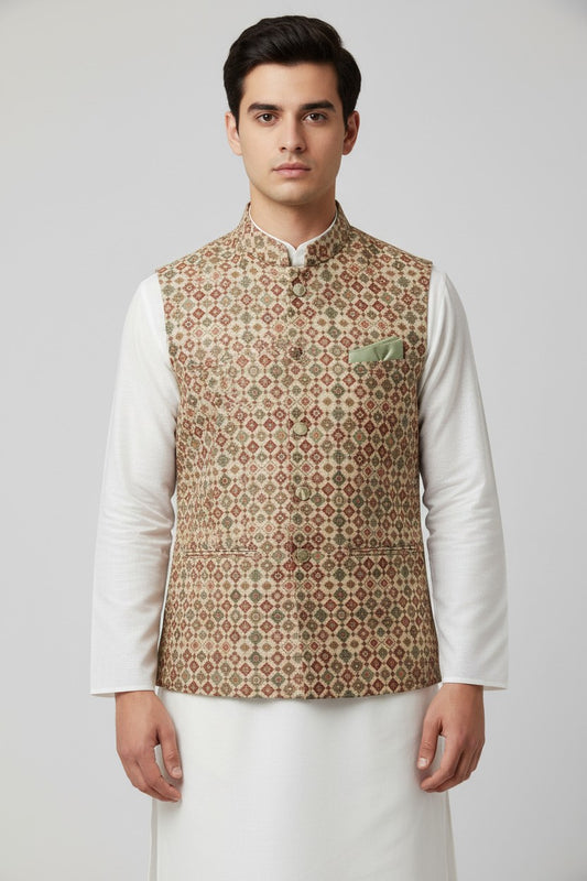 Men’s Beige & Maroon Mosaic-Pattern Nehru Jacket – Festive & Wedding Wear