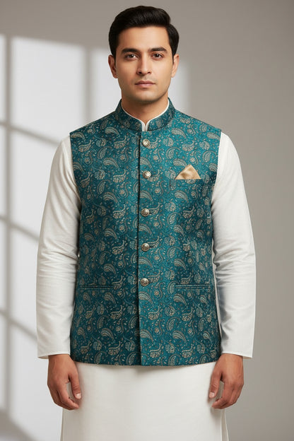 Men’s Teal Paisley Brocade Nehru Jacket – Gold Accented Festive Waistcoat