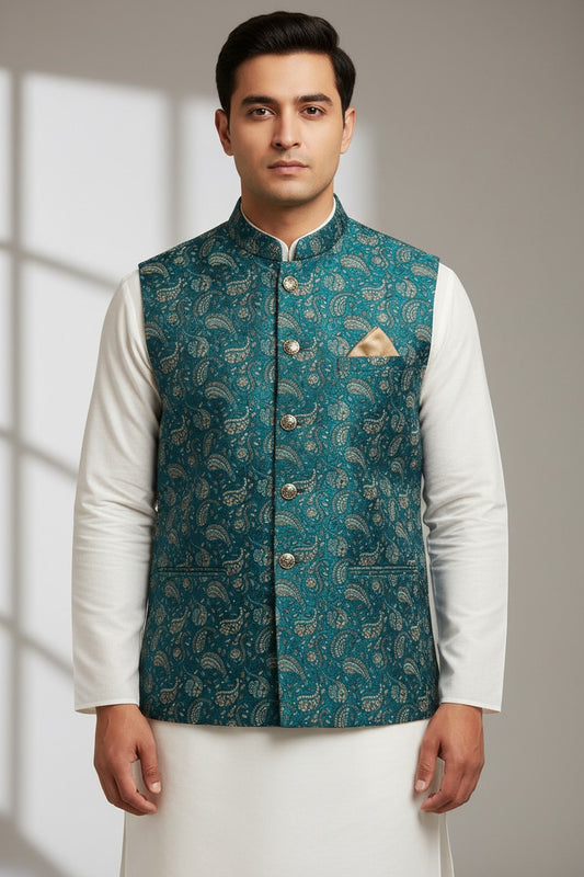 Men’s Teal Paisley Brocade Nehru Jacket – Gold Accented Festive Waistcoat