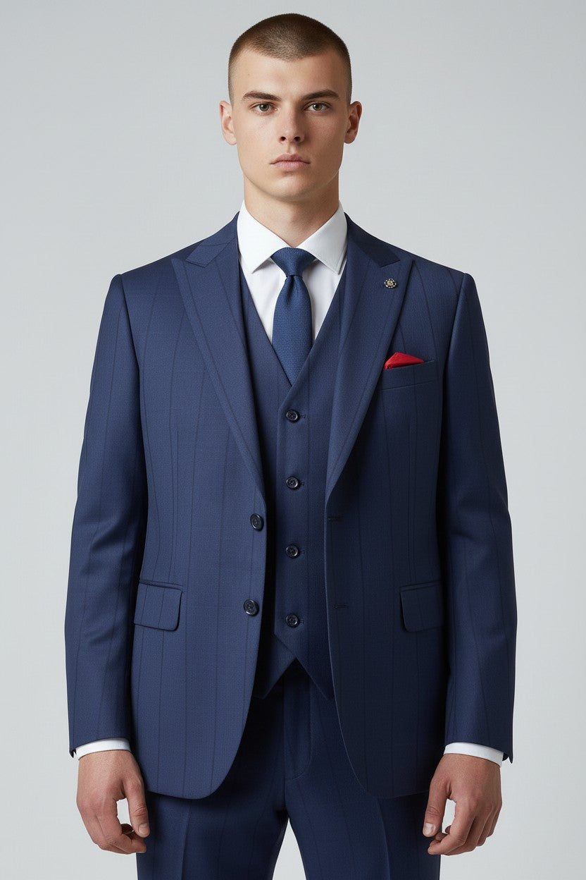 Men’s Royal Blue Stripe 3-Piece Suit – Tailored Fit with Matching Vest
