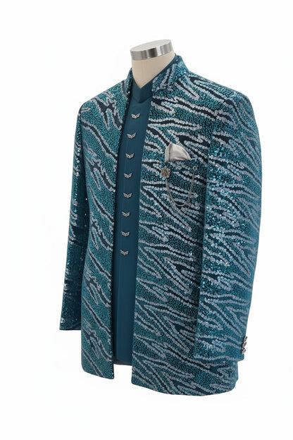 Teal Sequin Pattern Indo-Western Jacket Set for Men