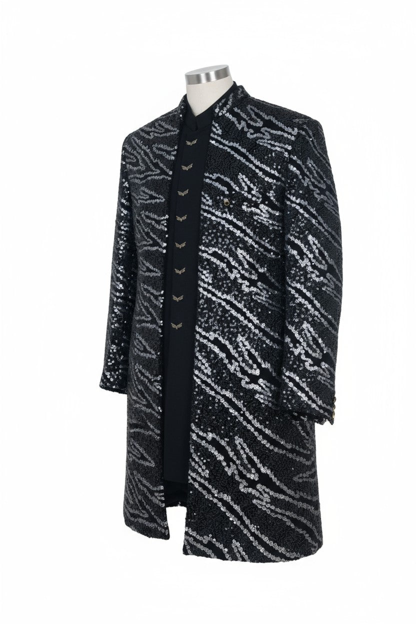 Black Sequin Pattern Indo-Western Jacket Set for Men