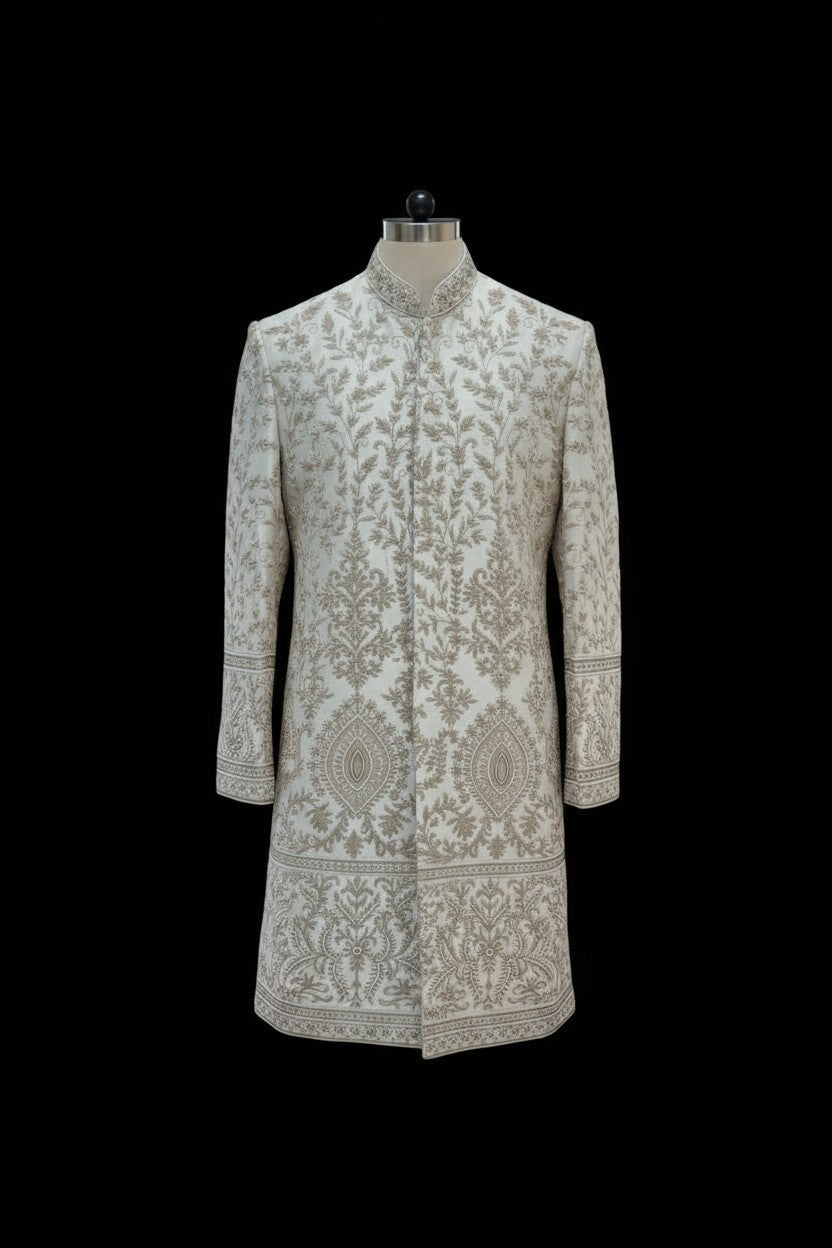 Ivory Embroidered Sherwani for Men – Royal Handcrafted Wedding Ensemble