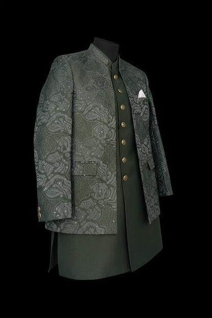 Olive Green Textured Indo-Western Jacket Set for Men