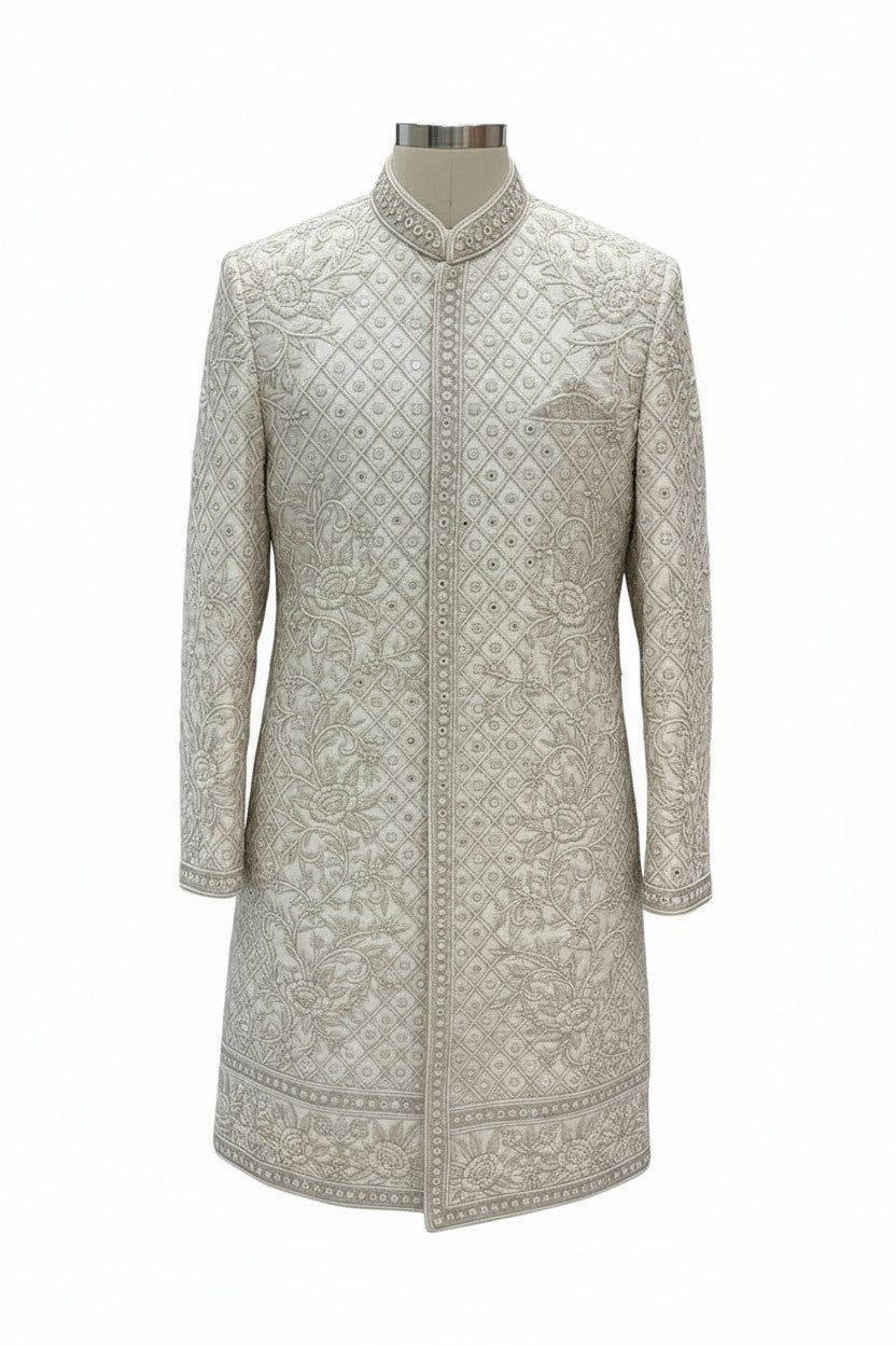 Ivory Hand-Embroidered Sherwani for Men – Luxurious Wedding Ensemble