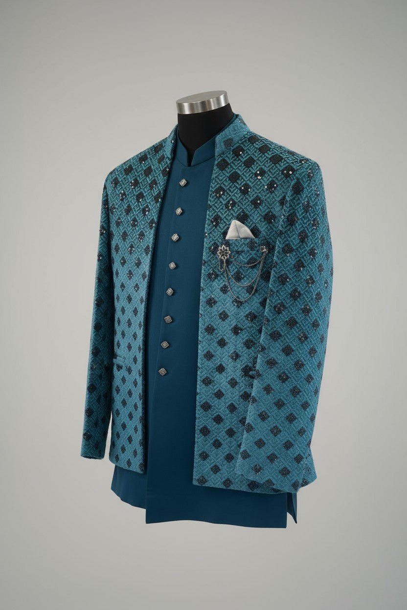 Teal Diamond Embroidered Indo-Western Jacket Set for Men