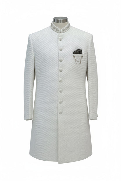 White Textured Sherwani for Men – Classic Handcrafted Wedding Attire