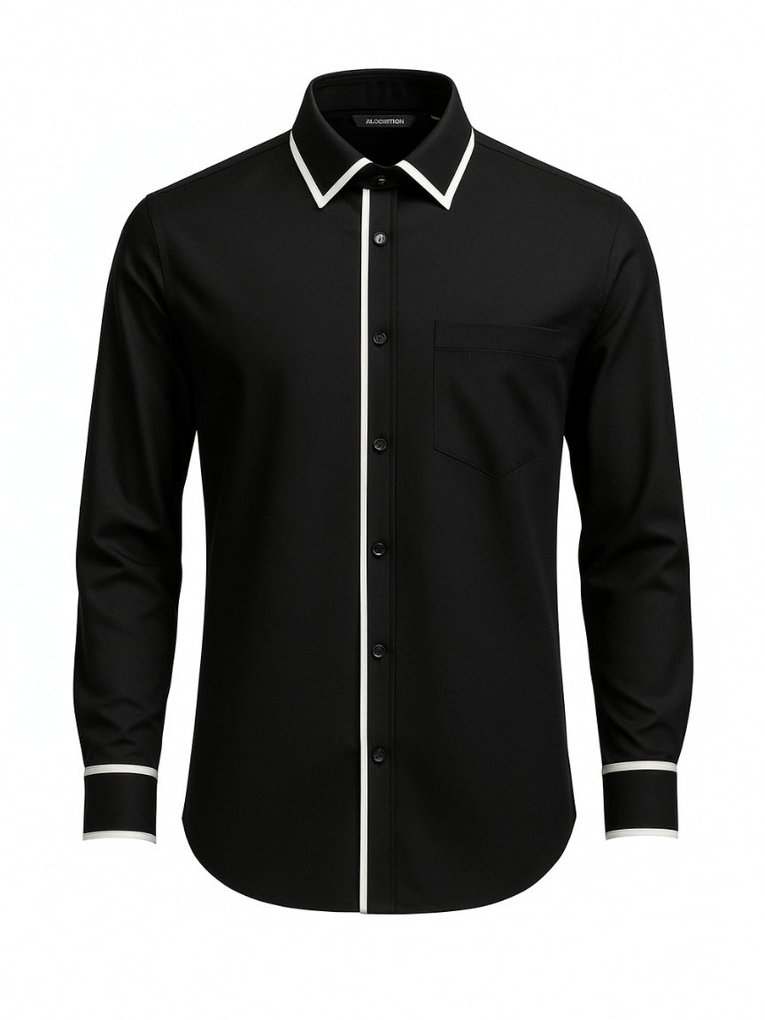 Men’s Black Dress Shirt with White Piping – Slim Fit Formal Shirt