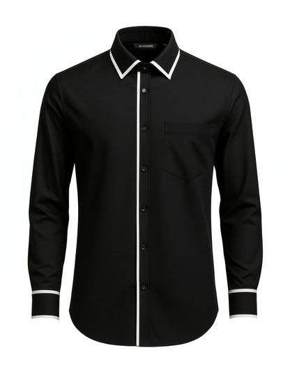 Men’s Black Dress Shirt with White Piping – Slim Fit Formal Shirt