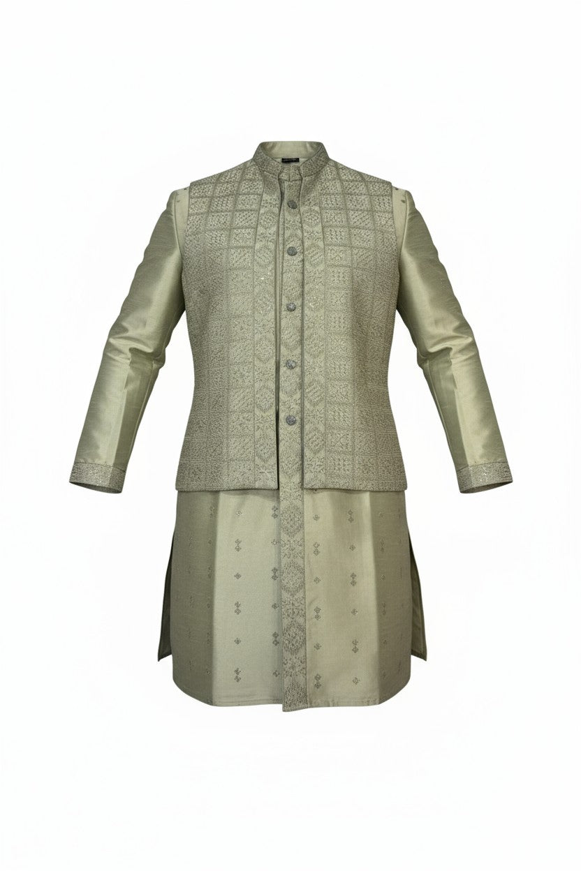 Sage Green 3-Piece Kurta Set – Embroidered Jacket Ensemble