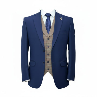 Men’s Royal Blue 3-Piece Suit with Beige Waistcoat – Modern Formal Wear