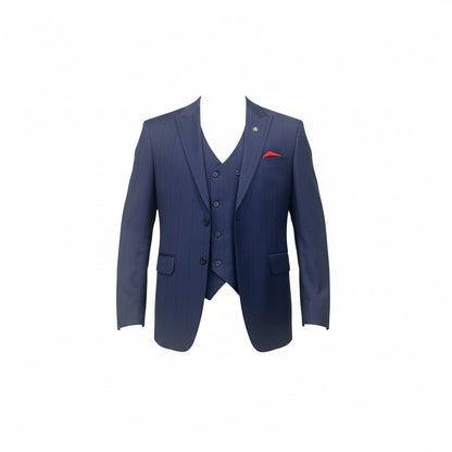 Men’s Royal Blue Stripe 3-Piece Suit – Tailored Fit with Matching Vest