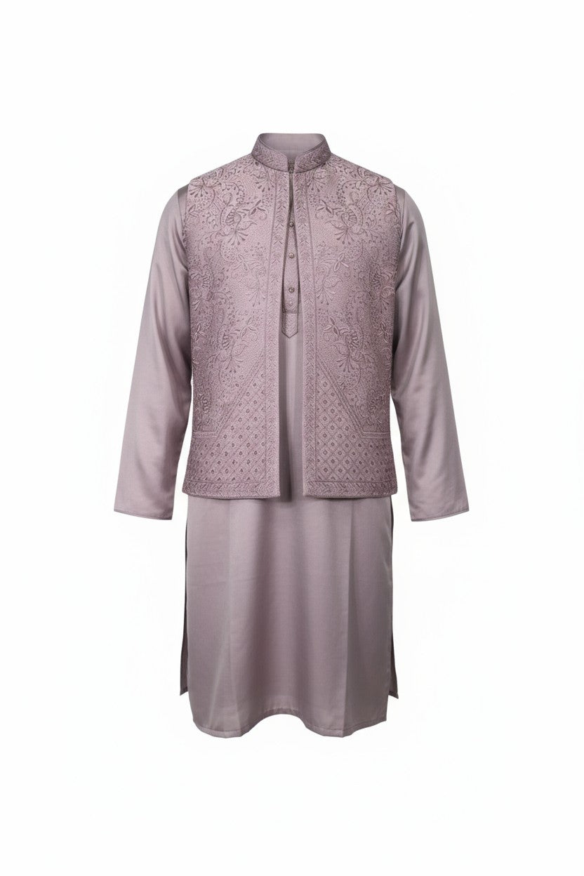 Mauve 3-Piece Kurta Set – Embroidered Jacket Ensemble