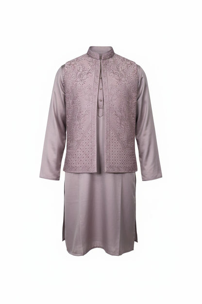 Mauve 3-Piece Kurta Set – Embroidered Jacket Ensemble