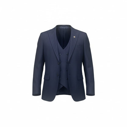 Men’s Navy Pinstripe 3-Piece Suit – Tailored Fit with Double-Breasted Vest