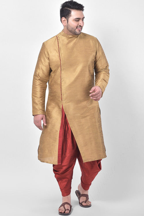 Gold Dupion Silk Indo-Western Men Kurta With Dhoti