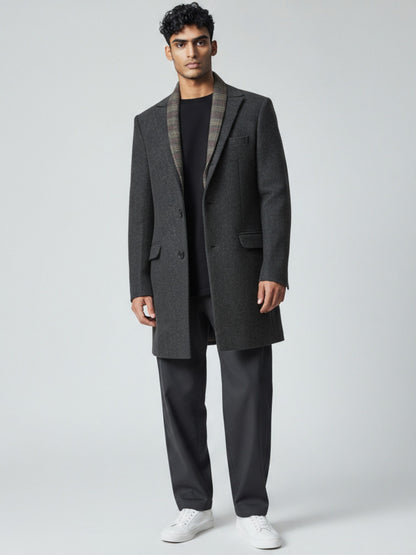 Men’s Dark Grey Wool Overcoat with Plaid Inner Lapel – Tailored Modern Winter Coat