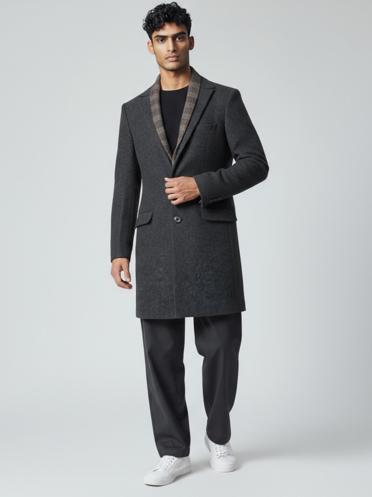 Men’s Dark Grey Wool Overcoat with Plaid Inner Lapel – Tailored Modern Winter Coat