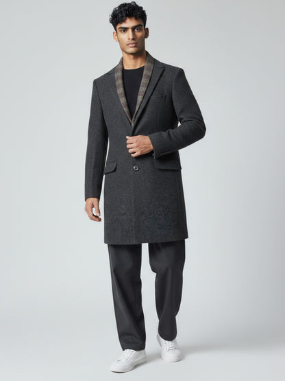 Men’s Dark Grey Wool Overcoat with Plaid Inner Lapel – Tailored Modern Winter Coat