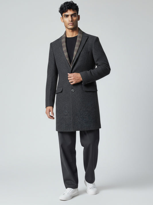 Men’s Dark Grey Wool Overcoat with Plaid Inner Lapel – Tailored Modern Winter Coat