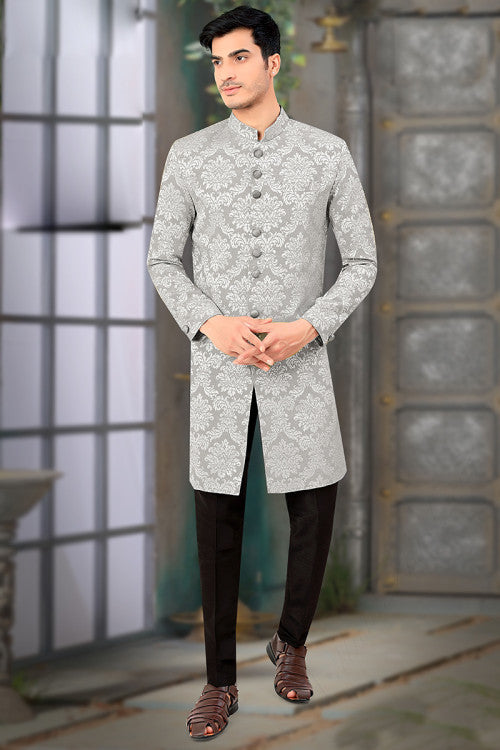 Grey Jacquard Indo-Western Men Sherwani