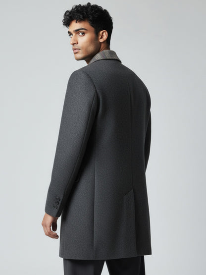 Men’s Dark Grey Wool Overcoat with Plaid Inner Lapel – Tailored Modern Winter Coat