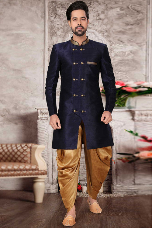 Indo-western Dupion Silk Men's Sherwani In Navy Blue