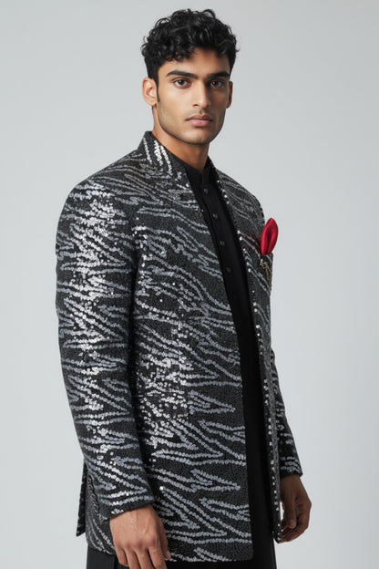 Black Sequin Pattern Indo-Western Jacket Set for Men