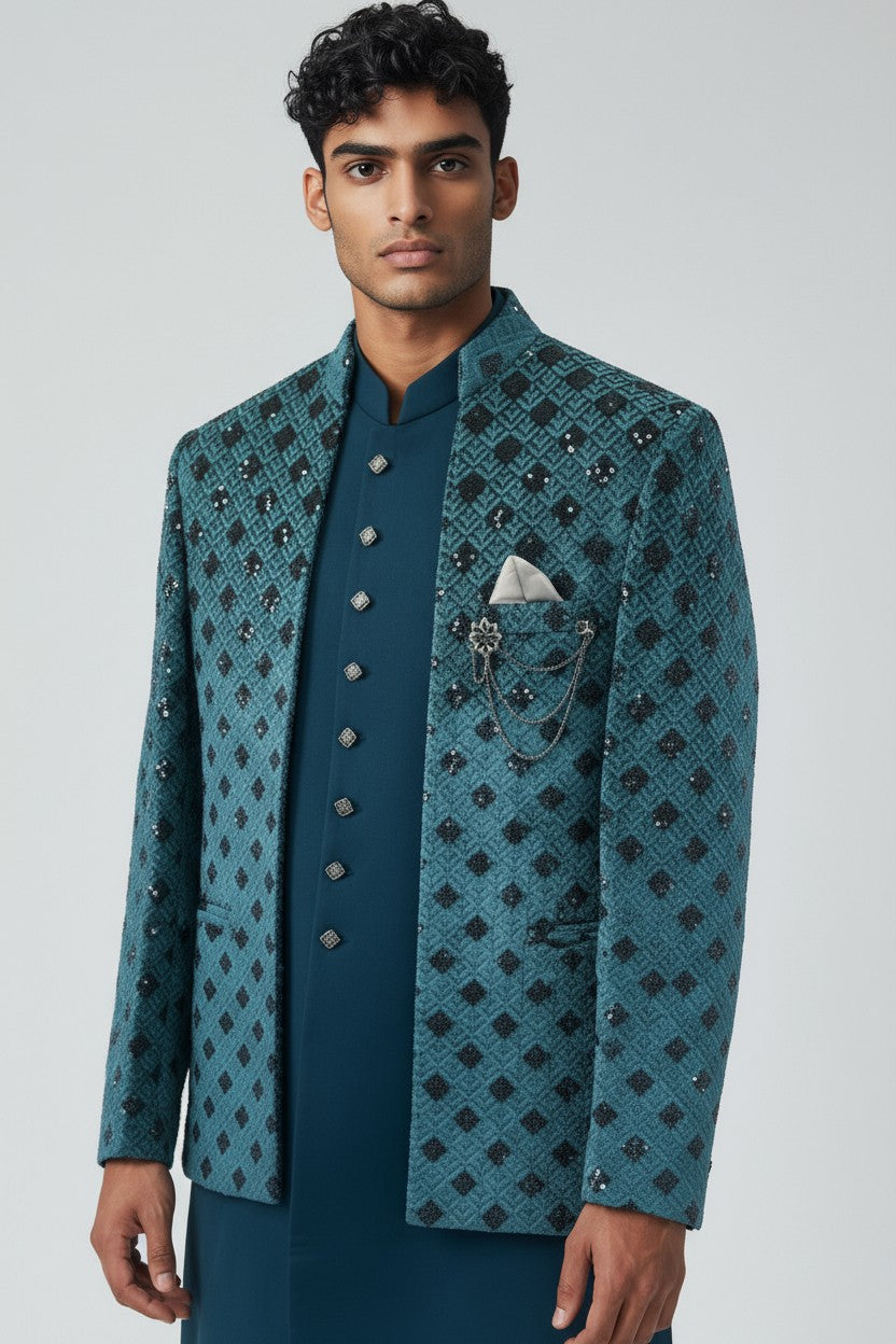 Teal Diamond Embroidered Indo-Western Jacket Set for Men