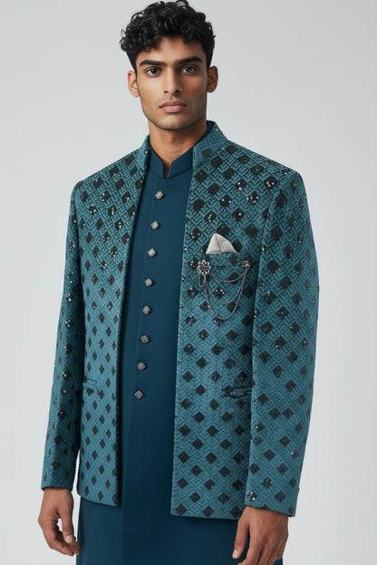 Teal Diamond Embroidered Indo-Western Jacket Set for Men