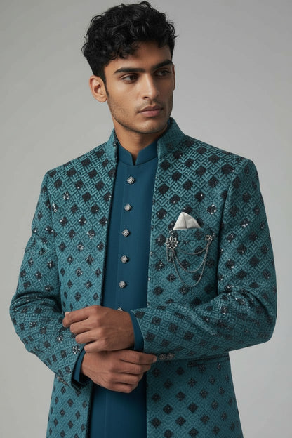 Teal Diamond Embroidered Indo-Western Jacket Set for Men