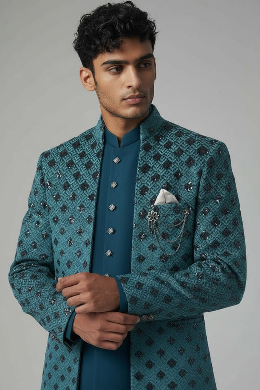 Teal Diamond Embroidered Indo-Western Jacket Set for Men