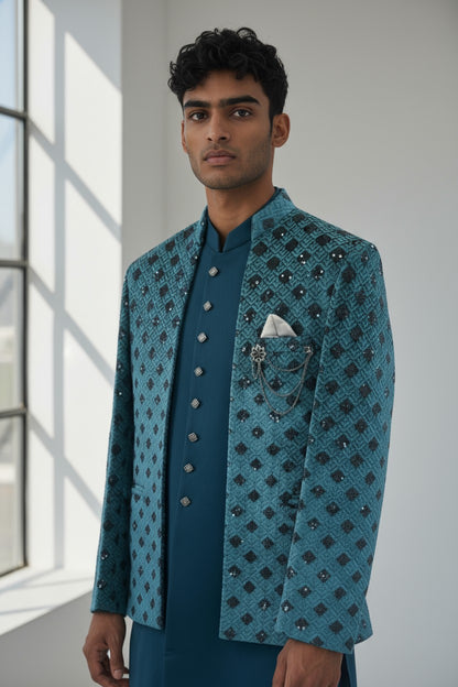 Teal Diamond Embroidered Indo-Western Jacket Set for Men