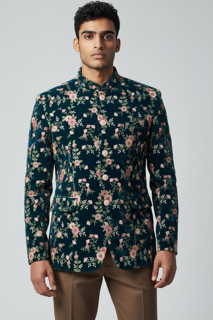 Green Floral Velvet Jodhpuri Suit – Elegant Wedding Wear