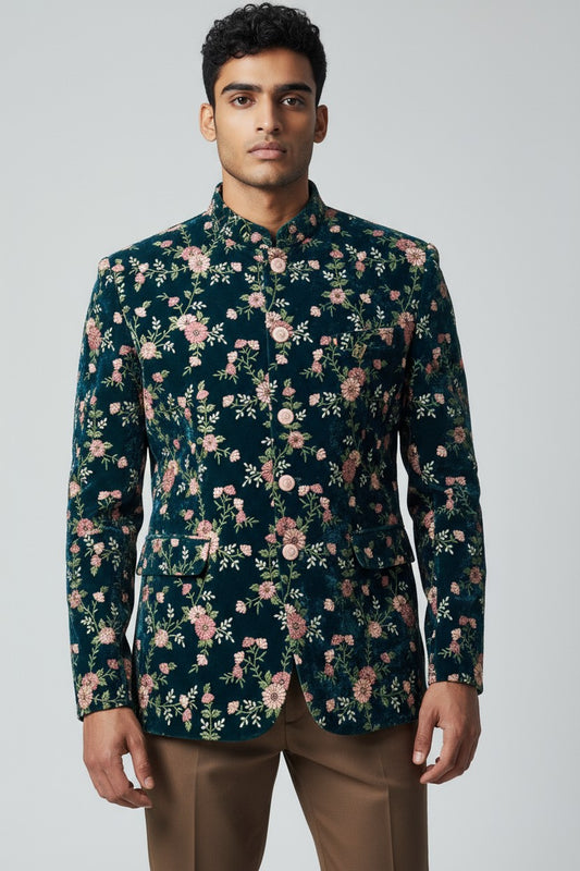 Green Floral Velvet Jodhpuri Suit – Elegant Wedding Wear