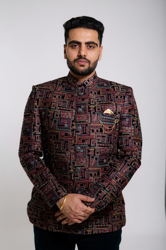 Multicolor Geometric Jodhpuri Suit – Designer Party Wear