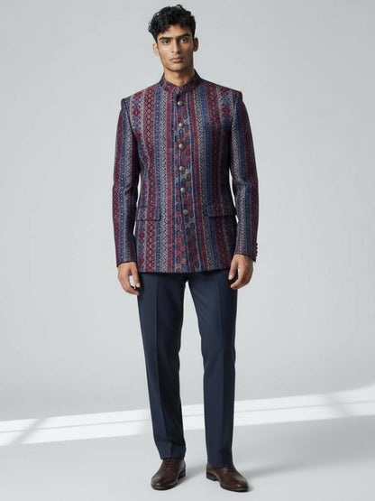 Maroon & Blue Striped Jodhpuri Suit – Designer Festive Wear