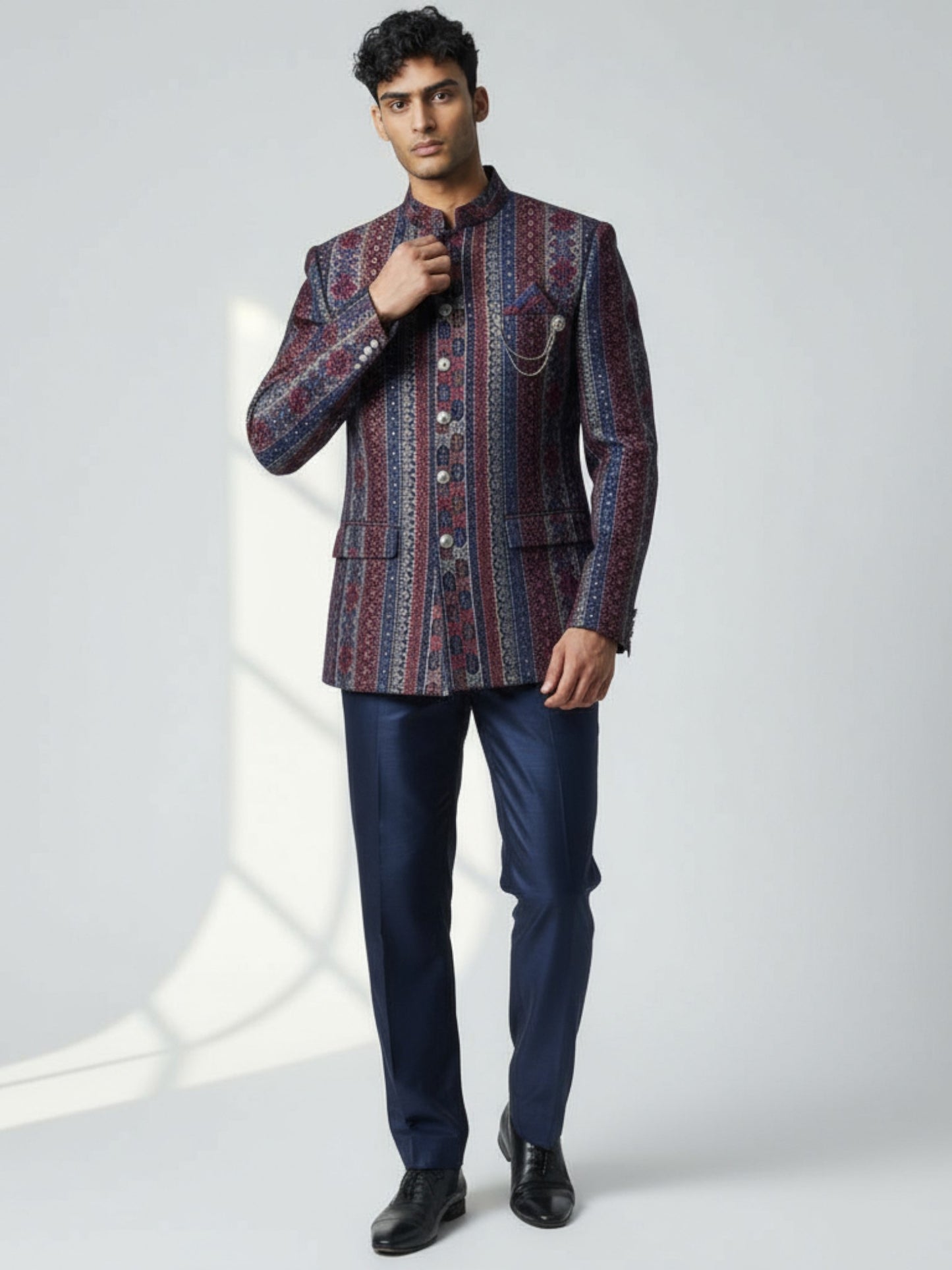 Maroon & Blue Striped Jodhpuri Suit – Designer Festive Wear
